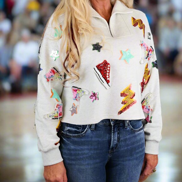 NWT Queen Of Sparkles Grey Sneaker And Lightning Bolt Collar Sweatshirt - Picture 3 of 6